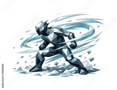 Low-poly vector illustration of a blizzard gust push in the setup phase, faceted figure standing alert as angular wind currents