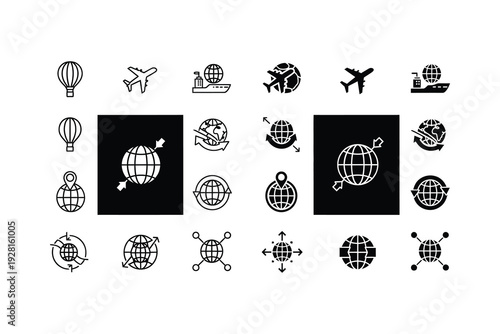 Collection of diverse travel and adventure themed icons with globe accents