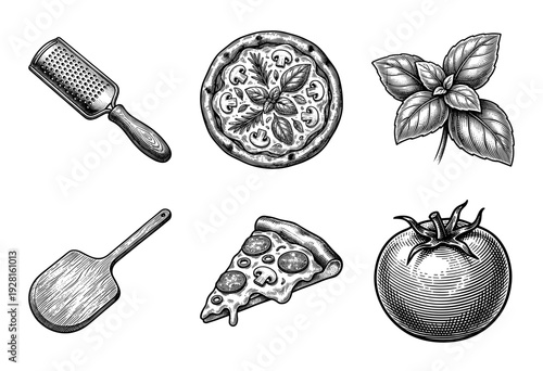 Vintage engraving style pizza and Italian cooking ingredients collection featuring a whole pie, slice, tomato, basil, grater, and wooden peel.