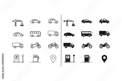 Collection of various transportation and utility icons in black and white