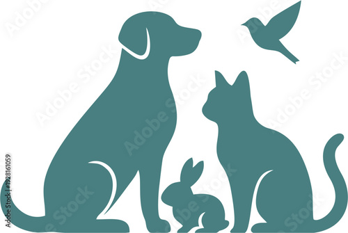 Stylized illustration of a dog, cat, rabbit and bird in green