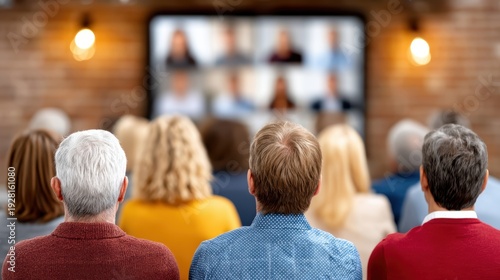 Audience views television program group observing broadcast content on screen entertainment displayed