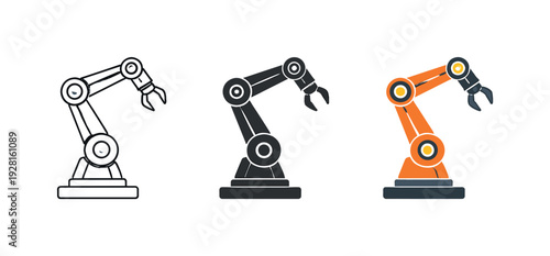 Industrial productivity symbolized by a robotic assembly arm with articulated joints and tool head standing upright, identical