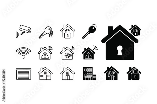 Icons representing various home security and smart living features