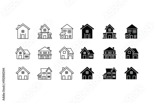 Collection of diverse architectural house styles in minimalist black and white line art