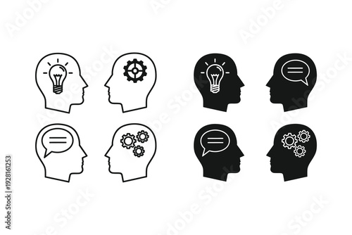 Illustrations of human heads representing different creative and thinking concepts