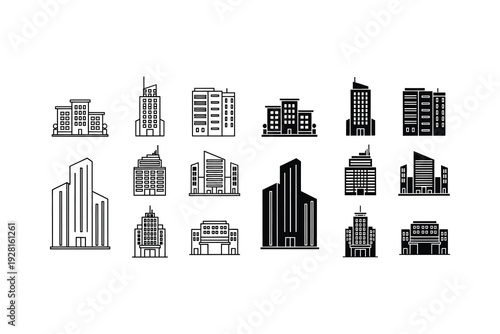 Collection of diverse architectural building silhouettes in black and white design style