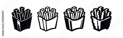 Outline vector icon of a carton of french fries, on a white background.
