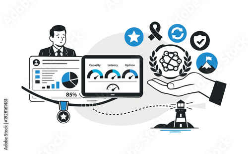 Modern minimal flat vector conceptual collage, crisp hard edges, consistent THIN outline stroke, rounded corners where needed,