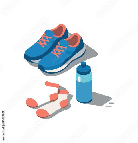Minimal running preparation essentials with shoes bottle and socks loosely arranged seen from a top-down angle, offset to the