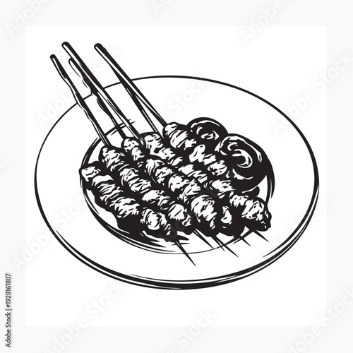 vector illustration of satay on a plate