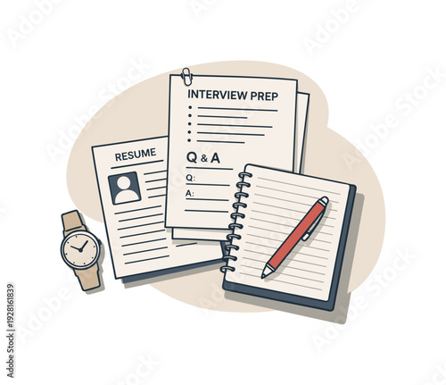 Japandi Interview Prep. Calm interview preparation concept with documents and notebook slightly angled for balance shown from