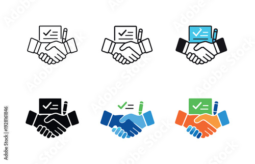 Successful deal closing icon showing a handshake between two stylized hands with symbolic contract or agreement elements,