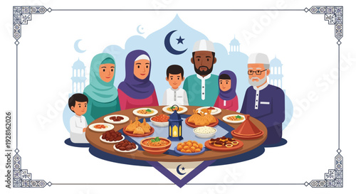 A colorful illustration depicts a muslim family gathering around a table filled with food evoking warmth and togetherness silhouette high quality