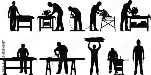 Carpenter and construction worker silhouette set cutting wood with circular saw, working at bench, and carrying timber isolated on white background
