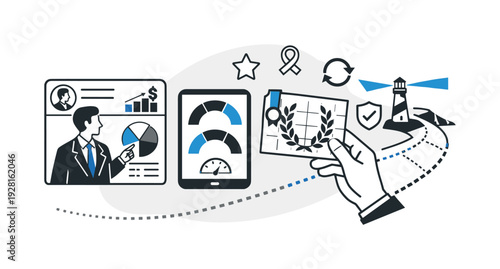 Modern minimal flat vector conceptual collage, crisp hard edges, consistent THIN outline stroke, rounded corners where needed,