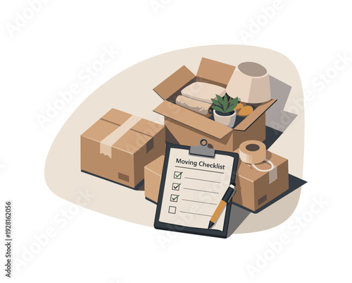 Japandi Moving Boxes. Calm moving house packing concept with boxes and checklist slightly angled for balance shown from above,