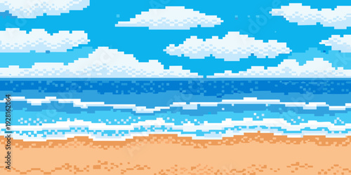 Pixelated seascape featuring a sandy beach ocean waves and a blue sky