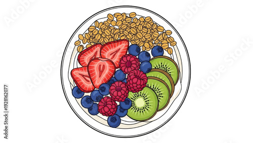 High-quality black outline colorful art of healthy breakfast bowl with granola, yogurt and fresh fruits, top view flat lay style