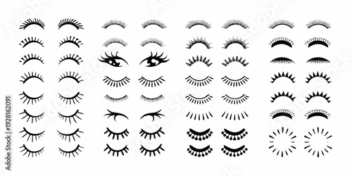 Collection of various black eyelash designs and a single eye illustration