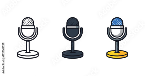 Microphone Icon Trio. Live speaking scene portrayed as a tabletop microphone with round base and vertical stem centered and