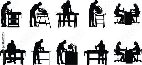 Carpenter and woodworking artisan silhouette collection using saw, workbench, and tools in workshop isolated on white background for carpentry and craftsmanship concepts