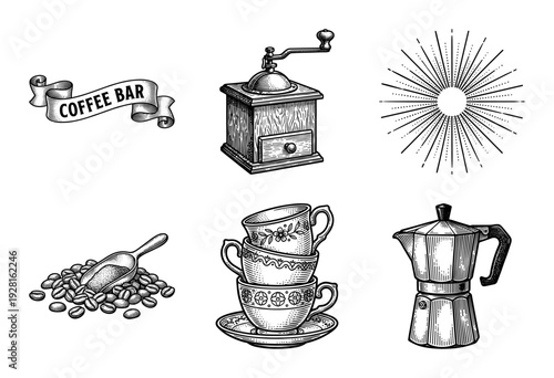 Vintage coffee bar collection featuring wood manual grinder moka pot stacked ceramic cups and roasted beans in woodcut engraving style