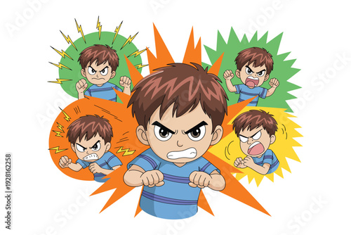 Angry boy cartoon character with multiple emotional expressions and reactions