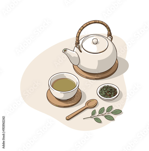Calm tea time ritual with teacup slightly angled and teapot nearby shown from above, arranged in the right third of a 3:2 canvas