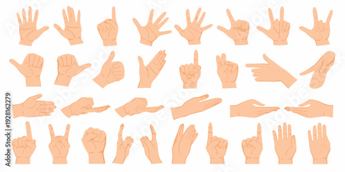 Collection of diverse hand gestures in a cartoon style illustration