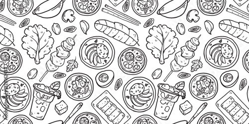 Hand drawn Thai food seamless pattern. Asian food  doodles. Hand drawn vector illustration for menu, packaging design. Thai cuisine. Simple sketch style. Minimalist line art