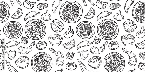 Hand drawn Thai food seamless pattern. Asian food  doodles. Hand drawn vector illustration for menu, packaging design. Thai cuisine. Simple sketch style. Minimalist line art