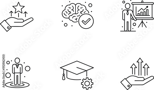 Professional Development and Business Growth Line Icon Set with Brain Check, Presentation, Graduation and Career Success Symbols