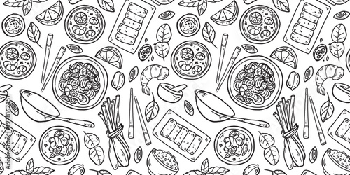 Hand drawn Thai food seamless pattern. Asian food  doodles. Hand drawn vector illustration for menu, packaging design. Thai cuisine. Simple sketch style. Minimalist line art