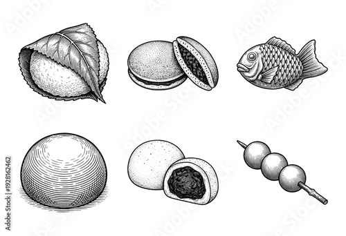 Set of traditional Japanese wagashi sweets and snacks in a detailed monochrome vintage woodcut engraving style.