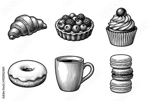 Set of hand drawn vintage bakery and cafe illustrations including croissant berry tart cupcake donut coffee mug and macaroons in woodcut engraving style.