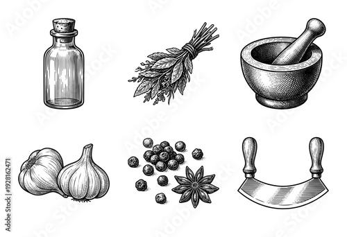Vintage engraving of kitchen herbs and culinary tools featuring mortar pestle garlic and mezzaluna knife in woodcut style