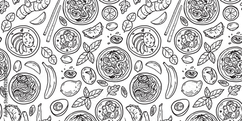 Hand drawn Thai food seamless pattern. Asian food  doodles. Hand drawn vector illustration for menu, packaging design. Thai cuisine. Simple sketch style. Minimalist line art