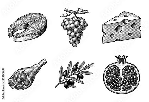 Vintage engraving collection of mediterranean food items including salmon steak, grapes, swiss cheese, ham leg, olives, and pomegranate