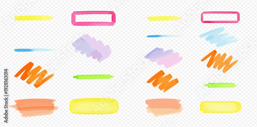 Set of colorful watercolor highlighter strokes, underlines, and frames on a transparent background for graphic design elements.
