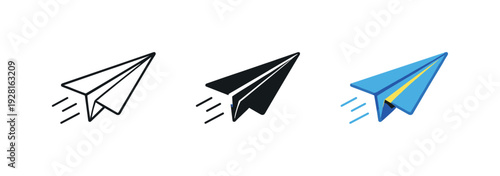 Sending action depicted through a folded paper airplane symbolizing message delivery, same geometry aligned side by side then