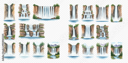 Set of watercolor waterfalls with rocks, mountains, and green foliage, isolated on transparent background.