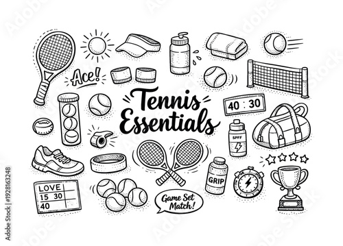 Tennis court game essentials, hand drawn doodle elements set, center hand-lettered title, black & white vector line art, bold