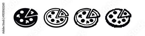 Whole Pizza with Missing Slice Icons Set, Pixel Art and Outline Styles on White Background