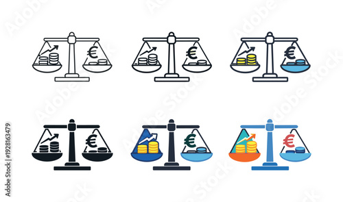 Monetary Equilibrium Icons. Monetary equilibrium icon showing stylized balanced scales with coins, currency symbols, and financial