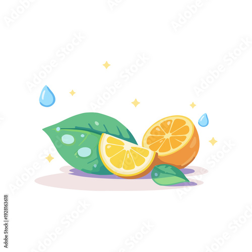 Fresh Lemon And Orange Citrus Fruits With Green Leaves And Water Drops. Juicy Citrus Slice Illustration With Natural Vitamin Concept In Flat Style