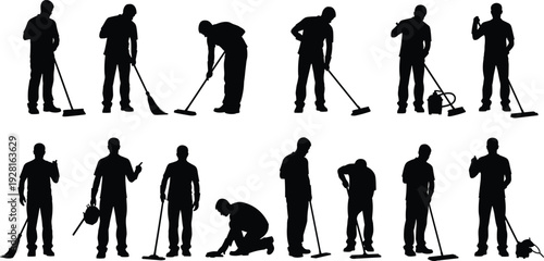 Cleaning Worker Silhouettes Set, Black Vector Illustration of Janitor with Mop and Vacuum Performing Floor Maintenance and Professional Sanitation Services