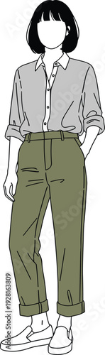 Minimalist flat vector illustration of a young woman wearing a grey button down shirt, olive green trousers, and white sneakers.