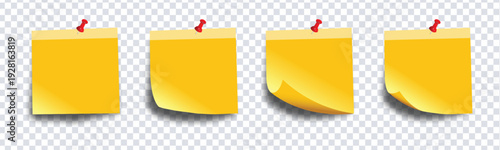 Set of yellow sticky note paper with red push pins on transparent background, realistic blank square post-it notes with curled corners and soft shadows for reminders and checklists