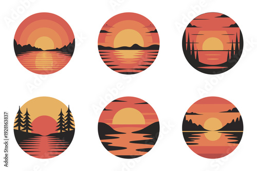 Sunset Reflection Over Water - Minimalist Vector Icons